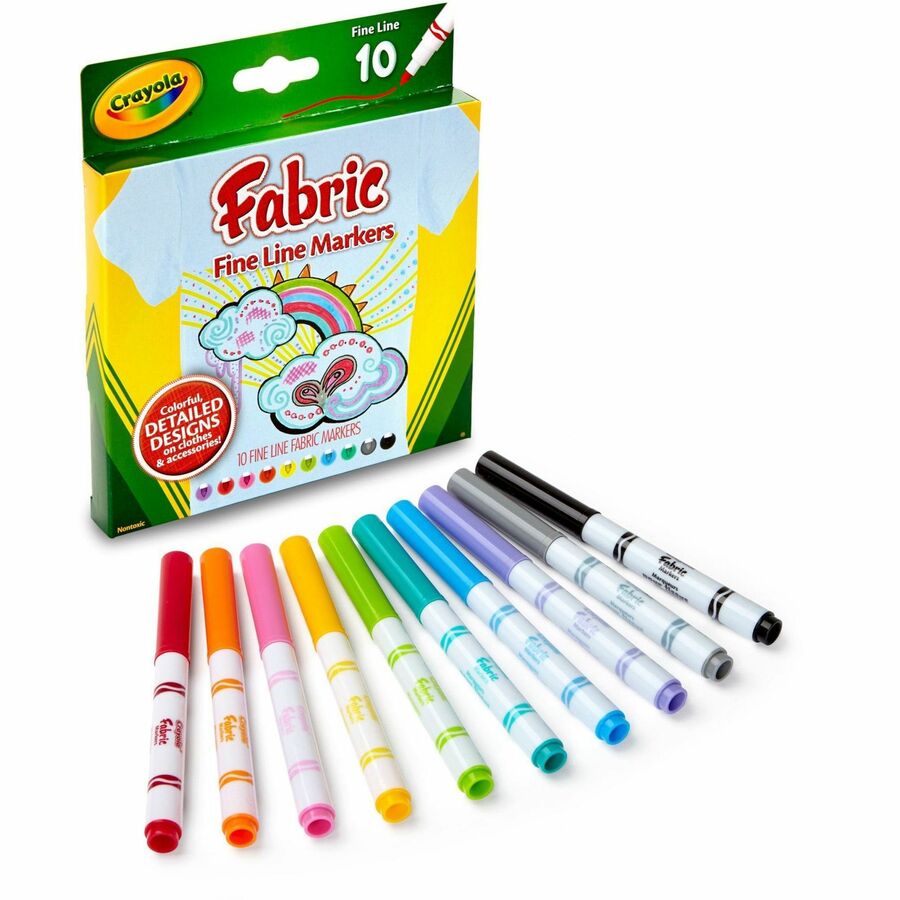 Crayola Bright Fabric Markers - Washable - Black, Blue, Brown, White, Gray, Lime, Pink, Red, Teal, Yellow Ink - 10 / Set