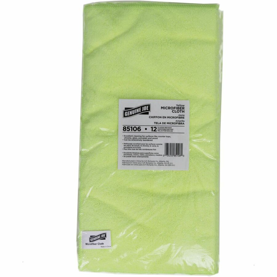 Genuine Joe General-purpose Microfiber Cloth - For General Purpose - Cloth - 16" Length x 16" Width - Durable - Yellow - 12 / Bag
