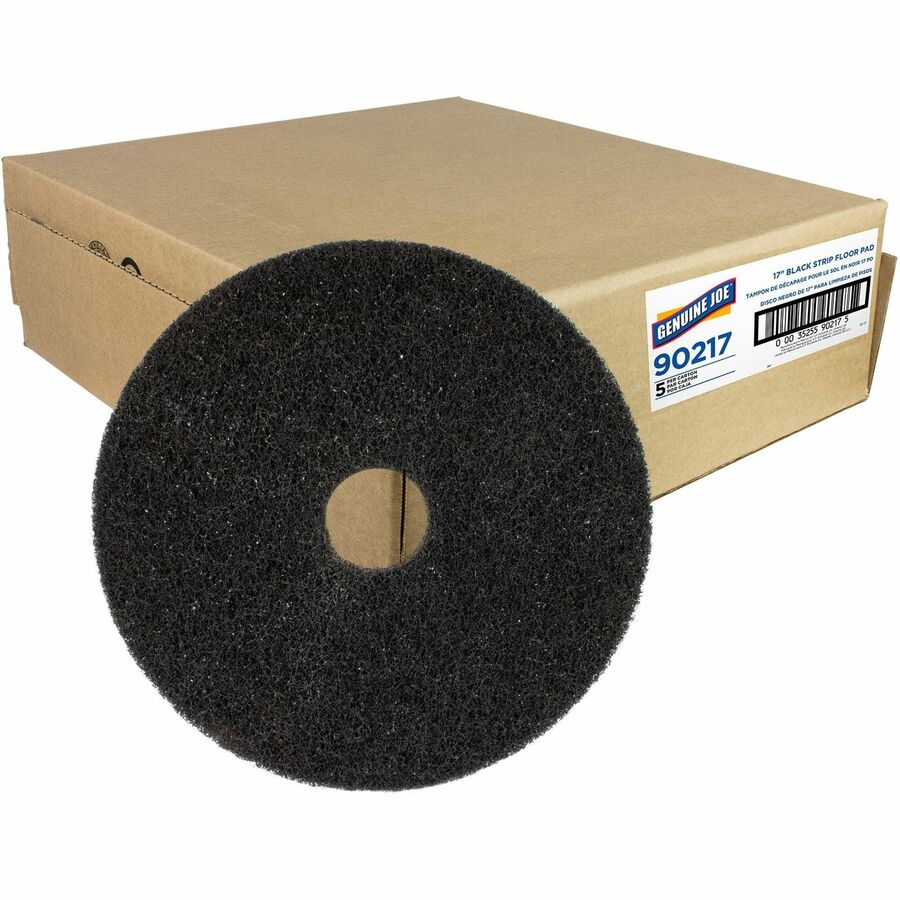 Genuine Joe Black Floor Stripping Pad - 17" Diameter x 1" Thickness - Stripping, Floor - 350 rpm Maximum Speed Supported - Resilient, Heavy Duty, Flexible, Dirt Remover, Long Lasting, Abrasive, Rotate - Fiber, Resin - Black - 5 / Carton