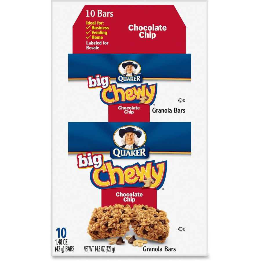 Quaker Chocolate Chip Big Chewy Granola Bar - Individually Wrapped - Chocolate Chip - 1.48 oz Box - 10 / Box
