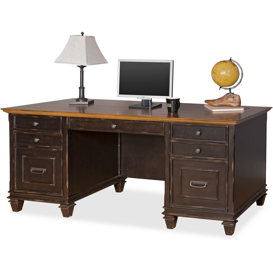Martin Hartford Double Pedestal Desk - 31" Height x 69.5" Width x 30" Depth - Total Drawer(s): 7 - Double Pedestal - Material: Wood Veneer - Finish: Vintage Black - Grommet, Wire Management Channel, Lockable Drawer, Pull-out Keyboard Tray - For Keyboar...