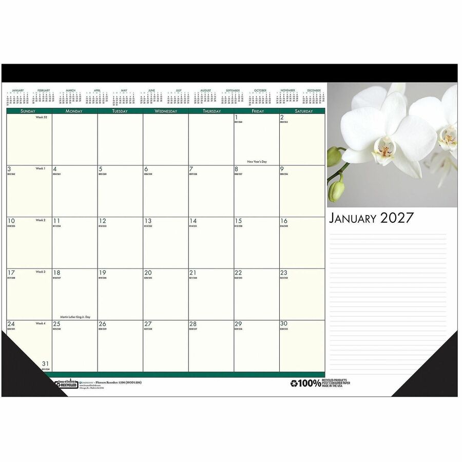 House of Doolittle EarthScapes Flowers 18-1/2" Desk Pad - Julian Dates - Monthly - 12 Month - January 2027 to December 2027 - 1 Month Single Page Layout - 18 1/2" x 13" Sheet Size - 1.50" x 1.87" Block - Headband - Desk Pad - Leatherette, Chipboard - 1...