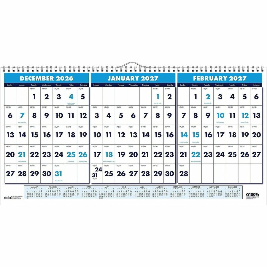 House of Doolittle 3-month Horizontal Wall Calendar - Julian Dates - Monthly - 14 Month - December 2026 to January 2028 - 1.13" x 1" Block - Wire Bound - Blue - 8" Height x 17" Width - 1 Each