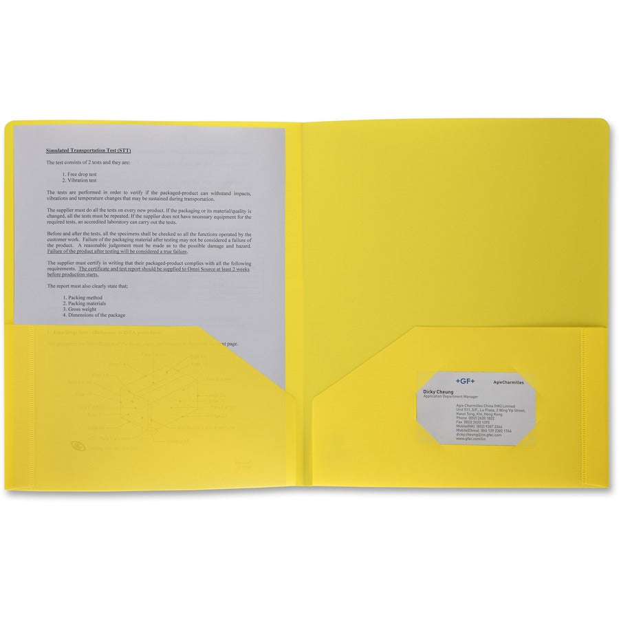 Business Source Letter Portfolio - 8 1/2" x 11" - 30 Sheets Capacity - 2 Pocket - Yellow - Durable, Spill Resistant, Wear Resistant, Card Holder - 1 Each