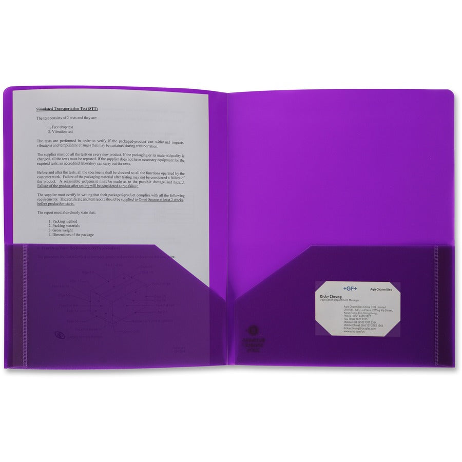 Business Source Letter Portfolio - 8 1/2" x 11" - 30 Sheets Capacity - 2 Pocket - Purple - Durable, Spill Resistant, Wear Resistant, Card Holder - 1 Each