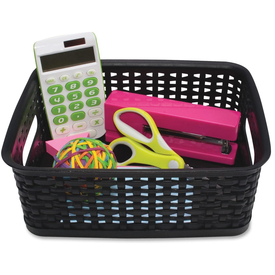 Advantus Plastic Weave Bins - 4" Height x 7.25" Width x 10" Depth - Desktop - Secure Grip - Black - Plastic - 3 / Pack