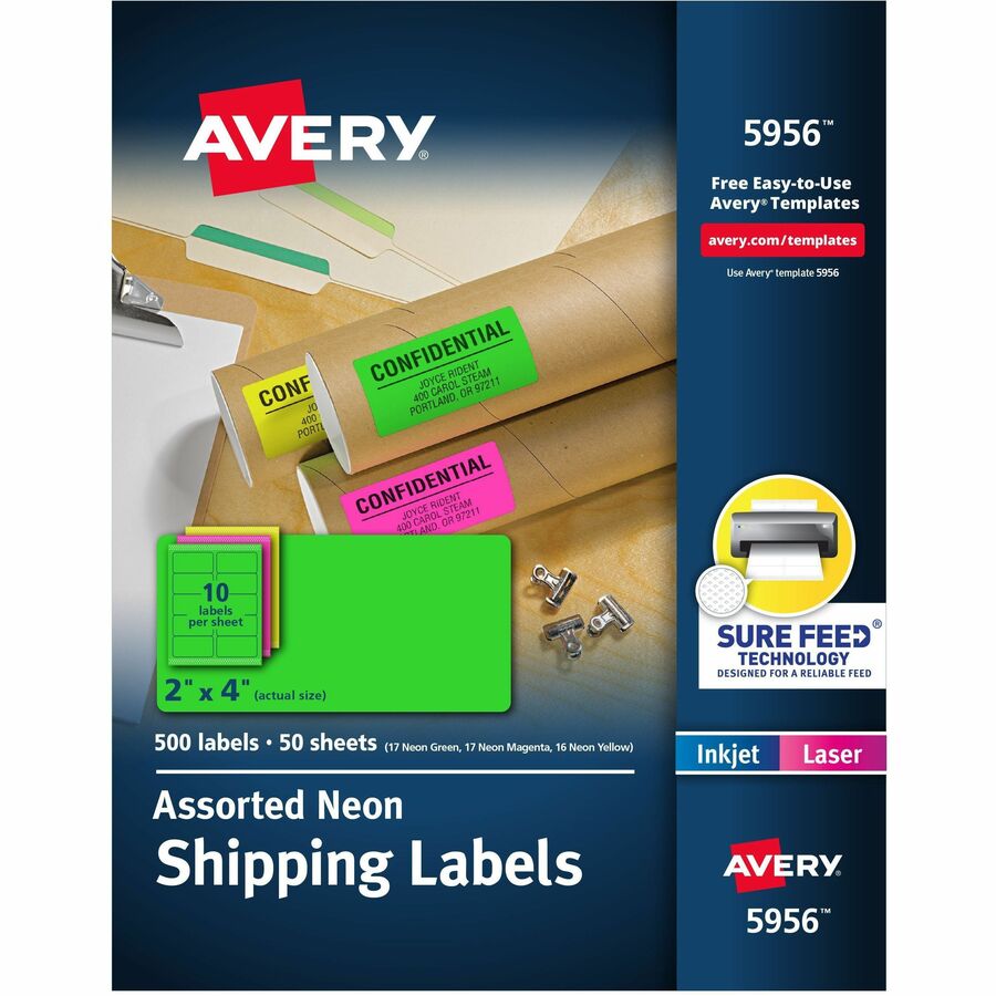 Avery®, 2"x 4" Neon Shipping Labels with Sure Feed, 500 Labels (5956) - x 2" Width x 4" Length - Permanent Adhesive - Rectangle - Inkjet, Laser - Matte - Neon Green, Neon Yellow, Neon Magenta - Paper - 10 / Sheet - 50 Total Sheets - 500 Total Label(...