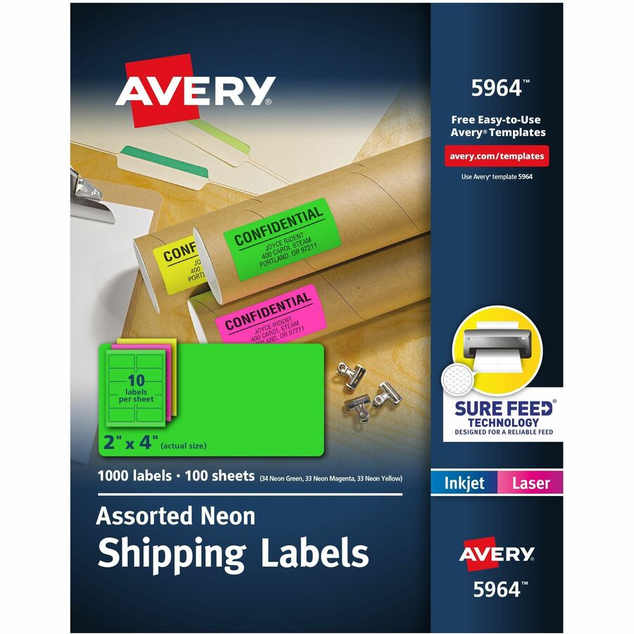 Avery®, 2"x 4" Neon Shipping Labels with Sure Feed, 1,000 Labels (5964) - x 2" Width x 4" Length - Permanent Adhesive - Rectangle - Inkjet, Laser - Matte - Neon Magenta, Neon Green, Neon Yellow - Paper - 10 / Sheet - 100 Total Sheets - 1000 Total La...