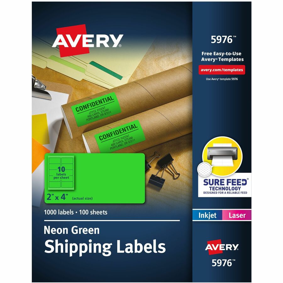 Avery®, 2"x 4" Neon Shipping Labels with Sure Feed, 1,000 Labels (5976) - x 2" Width x 4" Length - Permanent Adhesive - Rectangle - Inkjet, Laser - Matte - Neon Green - Paper - 10 / Sheet - 100 Total Sheets - 1000 Total Label(s) - For Label Printer...