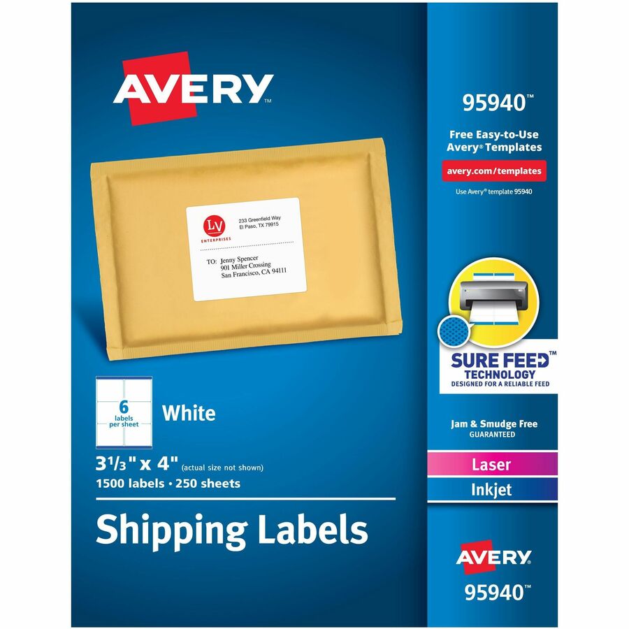 Avery®, Shipping Labels, Sure Feed, 3-1/3" x 4" , 1,500 Labels (95940) - 3 21/64" Width x 4" Length - Permanent Adhesive - Rectangle - Inkjet, Laser - Matte White - Matte - Paper - 6 / Sheet - 6 Total Sheets - 1500 Total Label(s) - 250 / Box