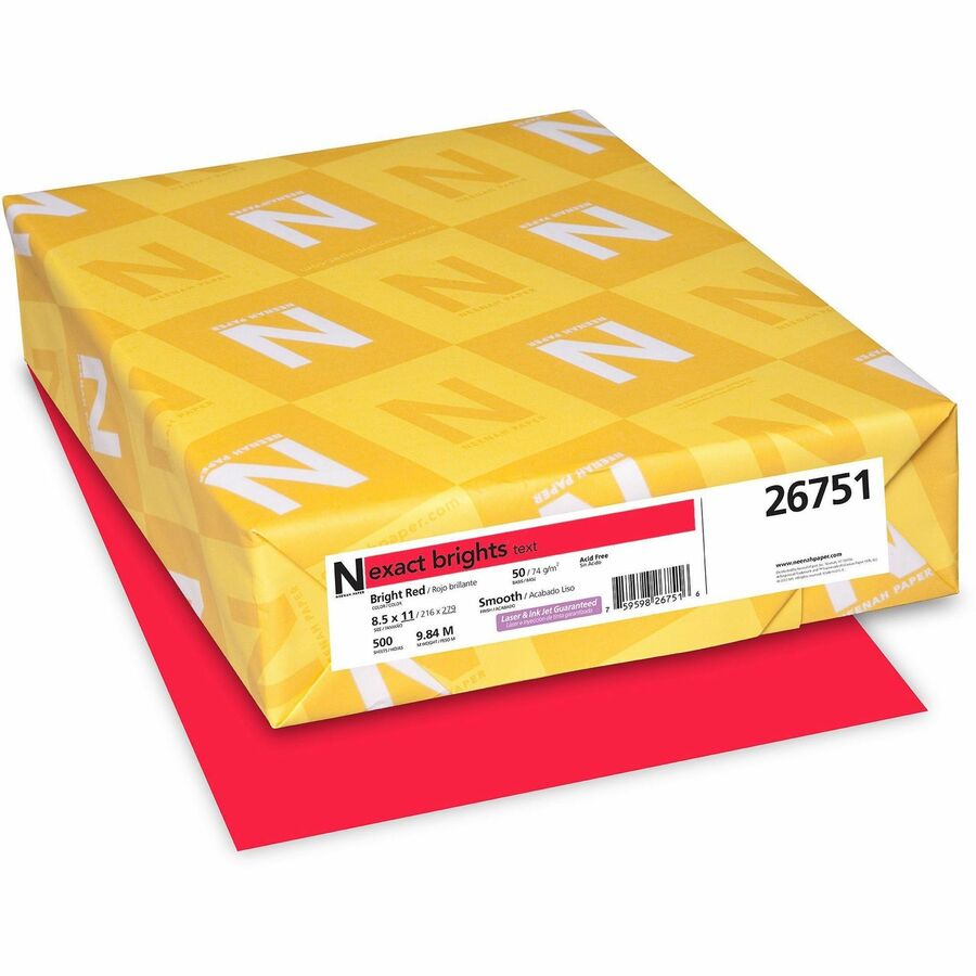 Exact Brights®, Smooth Colored Paper - Red - Letter - 8 1/2" x 11" - 50 lb Basis Weight - Smooth - Printable, Lignin-free, Acid-free - Bright Red - 500 / Pack