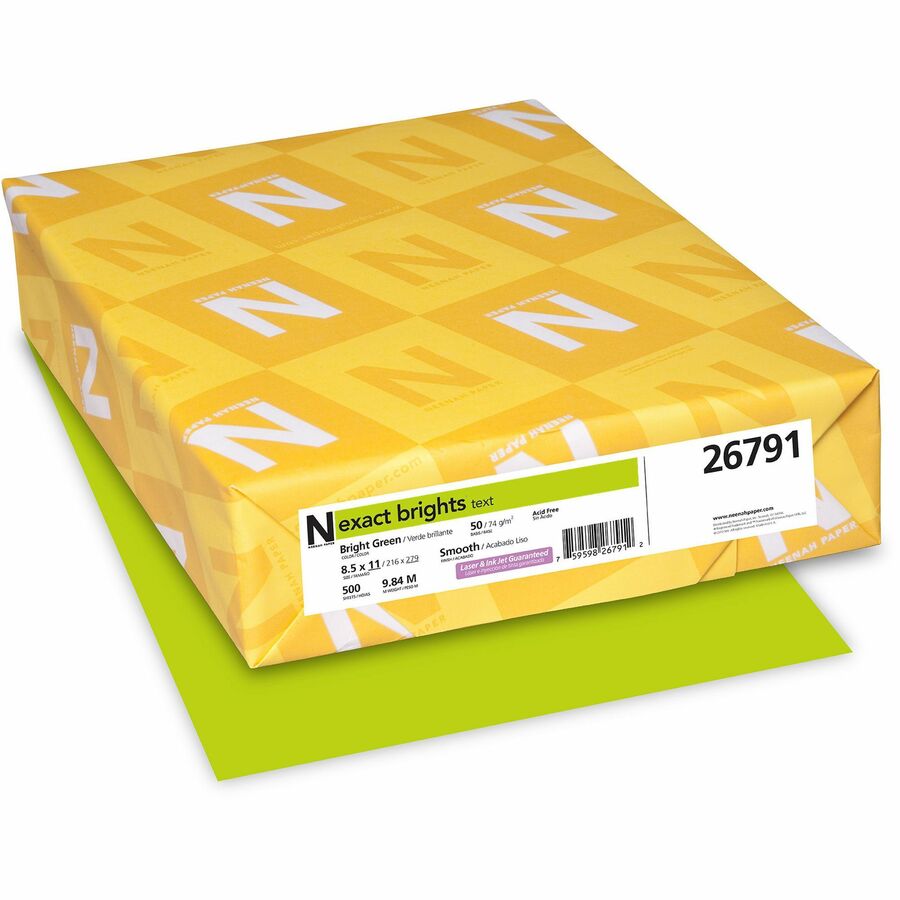 Exact Brights® Smooth Colored Paper - Green - Letter - 8 1/2" x 11" - 50 lb Basis Weight - Smooth - Printable, Lignin-free, Acid-free - 500 / Pack