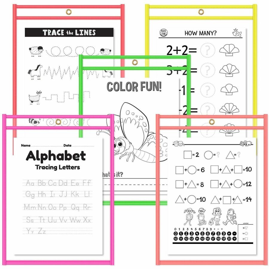 C-Line Reusable Dry Erase Pockets, Assorted, 9 x 12, 25/BX - Neon Red, Neon Orange, Neon Yellow, Neon Green, Neon Pink Frame - Rectangle - Reusable, Heavyweight, Eyelet, Easy to Clean - 25 / Box