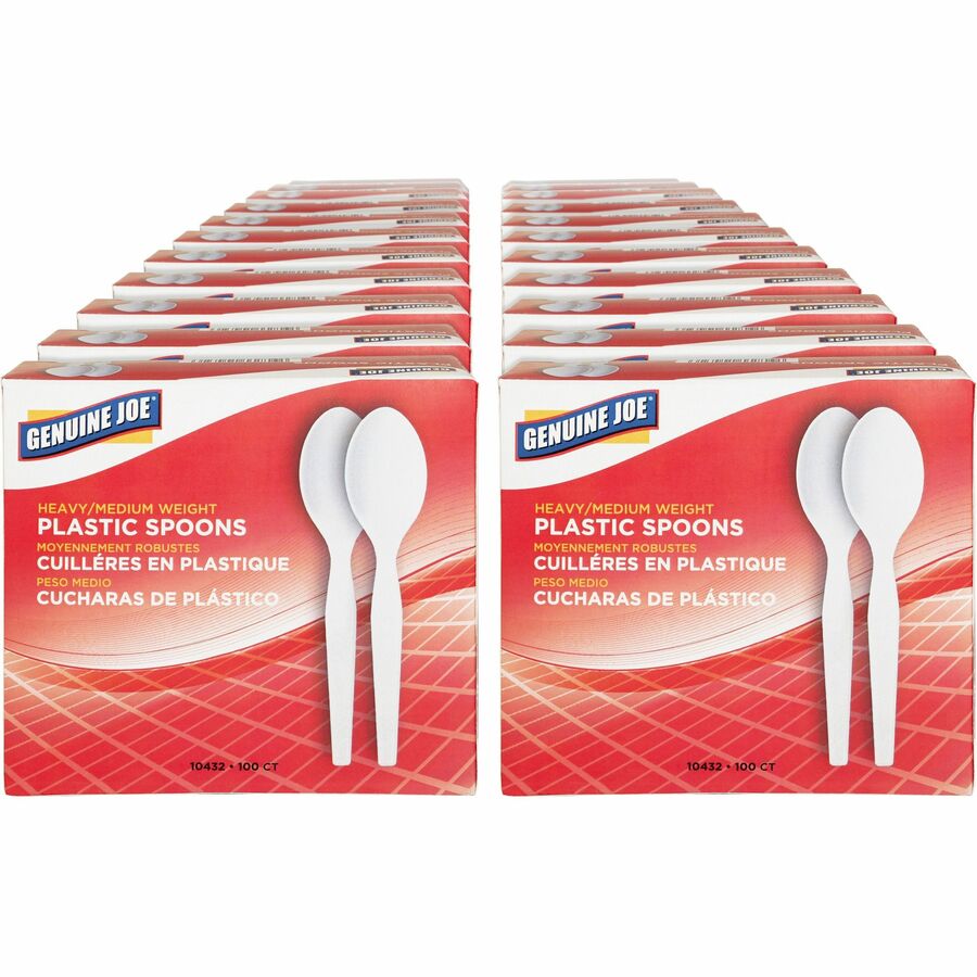 Genuine Joe Medium-Heavyweight Plastic Spoons - Disposable - White - 100/Box - 40 / Carton