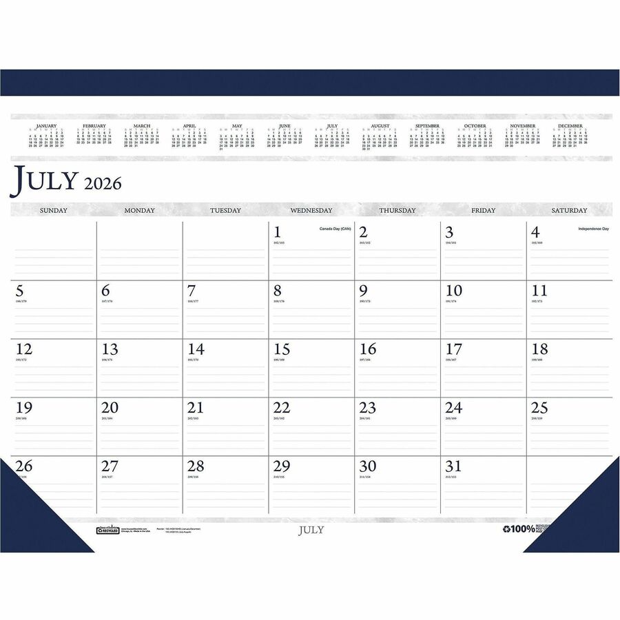 House of Doolittle Academic Desk Pad Calendar - Academic - Julian Dates - Monthly - 14 Month - July 2026 to August 2027 - 1 Month Single Page Layout - 2.13" x 3" Block - Desk Pad - Blue - Simulated Leather, Vinyl - 1 Each