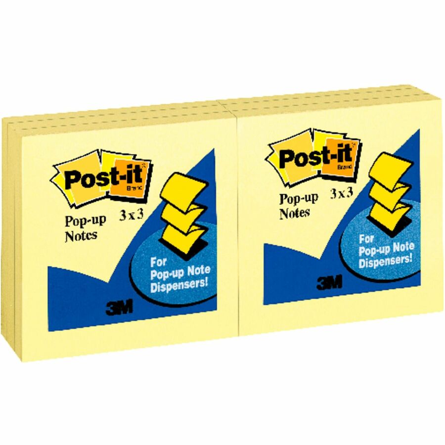 Post-it®, Pop-up Notes - 3" Flag/Note Width x 3" Flag/Note Length - Square - 100 Sheets per Pad - Unruled - Canary Yellow - Paper - Self-adhesive, Repositionable - 12 / Pack