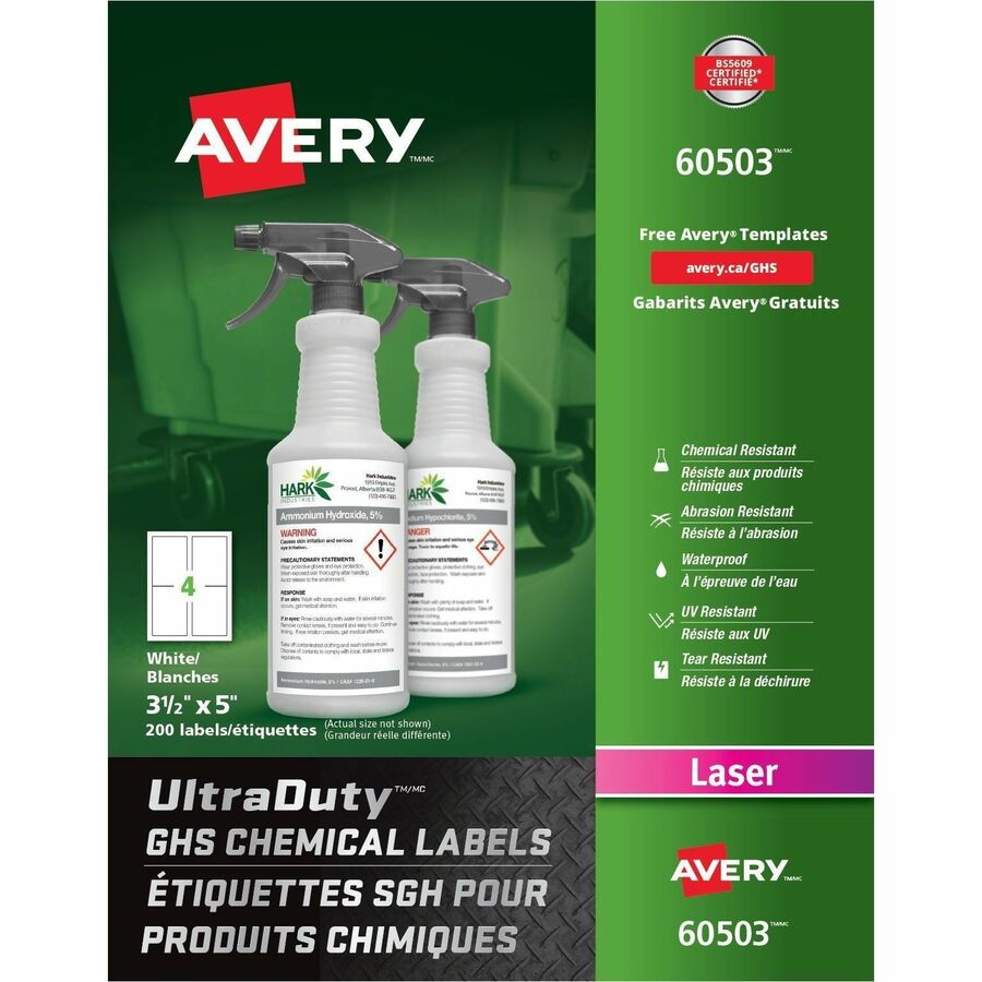 Avery UltraDuty GHS Chemical Labels - - HeightPermanent Adhesive - Laser - White - Film, Polyester - Water Resistant - 4 / Sheet - 200 / Box