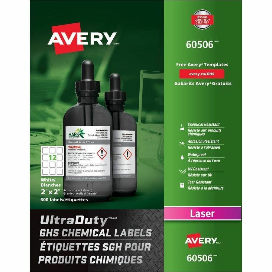 Avery®, UltraDuty™, GHS Chemical Labels - 2" Width x 2" Length - Permanent Adhesive - Rectangle - Laser - Matte - White - Film - Water Resistant - 12 / Sheet - 50 Total Sheets - 600 Total Label(s) - 600 / Box