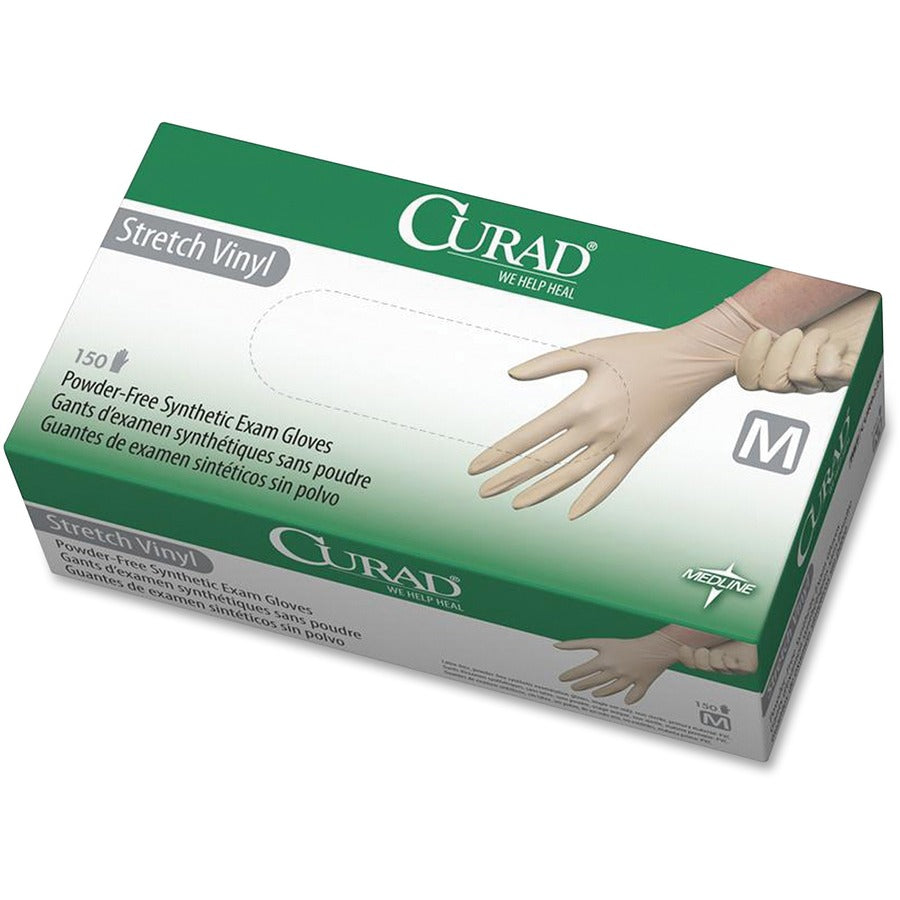 Medline Powder-free Stretch Vinyl Exam Gloves - 9.50" Glove Length - Medium Size - Cream - Stretchable, Latex-free, Non-sterile - For Multipurpose - 150 / Box
