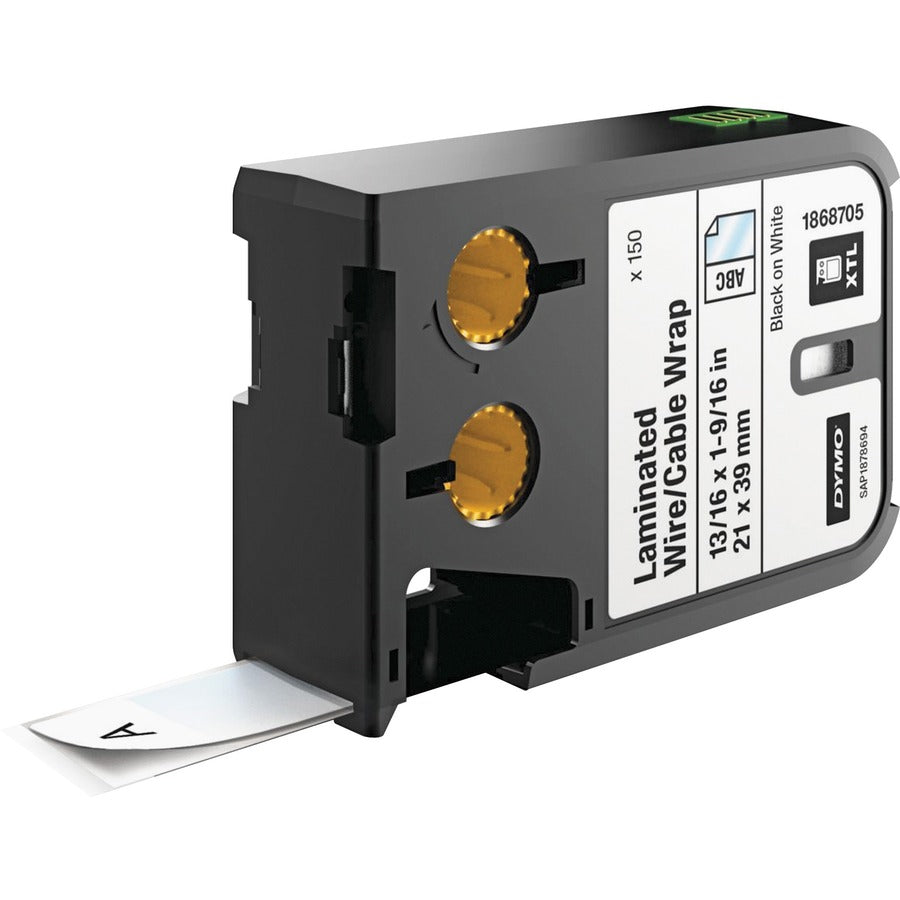 Dymo XTL Laminated Wire/Cable Wrap - x 53/64" Width x 1 17/32" Length - Rectangle - Thermal Transfer - Black on White - Vinyl - Laminated - 150 / Cartridge - 1 Each
