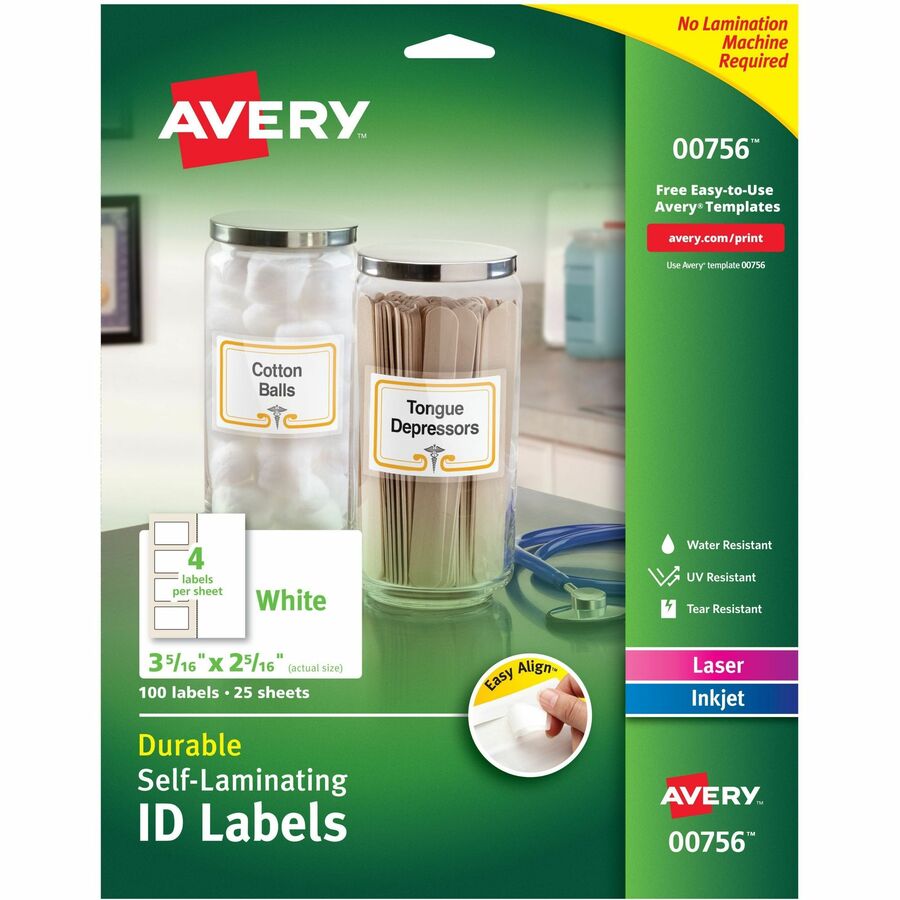 Avery®, Easy Align ID Label - 2 5/16" Width x 3 5/16" Length - Permanent Adhesive - Rectangle - Inkjet, Laser - Matte - White - Film - 4 / Sheet - 25 Total Sheets - 100 Total Label(s) - 25 / Pack