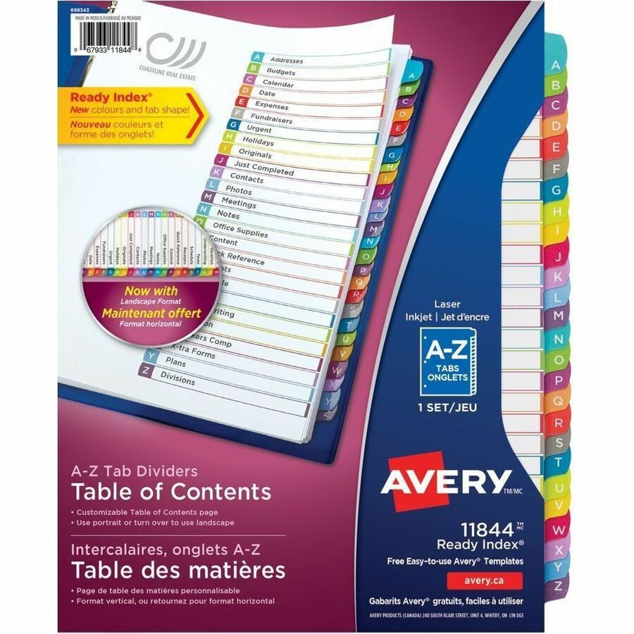 Avery Ready Index Customizable Table of Contents Dividers - 26 x Divider(s) - 26 Printed Tab(s) - Alphabet - A-Z - 26 Tab(s)/Set - 8.5" Divider Width x 11" Divider Length - Letter - 8.50" Width x 11" Length - 3 Hole Punched - White Paper Divider - Mult...