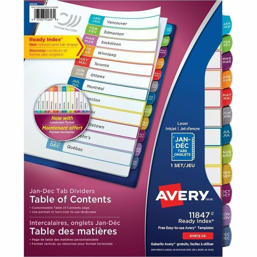 Avery Ready Index Customizable Table of Contents Dividers - 12 x Divider(s) - 12 Tab(s) - Month - Jan-Dec - 12 Tab(s)/Set - 8.5" Divider Width x 11" Divider Length - 3 Hole Punched - White Paper Divider - Multicolor Paper Tab(s) - 100% - Customizable...