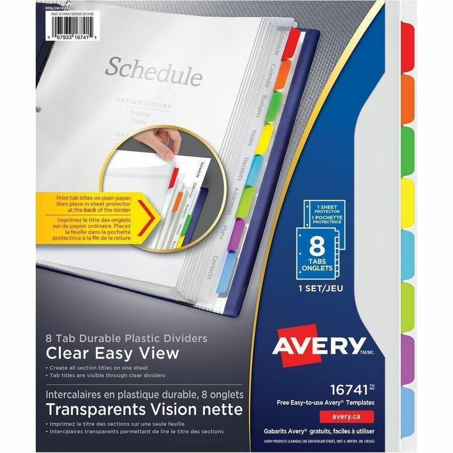 Avery Clear Easy View Durable Plastic Dividers - 8 x Divider(s) - 8 Tab(s) - 8 - 8 Tab(s)/Set - 8.5" Divider Width x 11" Divider Length - 3 Hole Punched - Clear Plastic Divider - Multicolor Plastic Tab(s) - Durable, Easy to Read, Flexible, Reusable, Te...