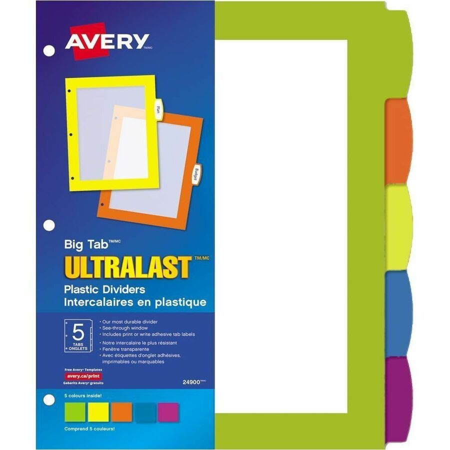 Avery Big Tab UltraLast Plastic Dividers - 5 x Divider(s) - 5 Write-on Tab(s) - 5 - 5 Tab(s)/Set - 8.5" Divider Width x 11" Divider Length - 3 Hole Punched - Multicolor Plastic Divider - Multicolor Plastic Tab(s) - Durable, Long Lasting, Customizable...
