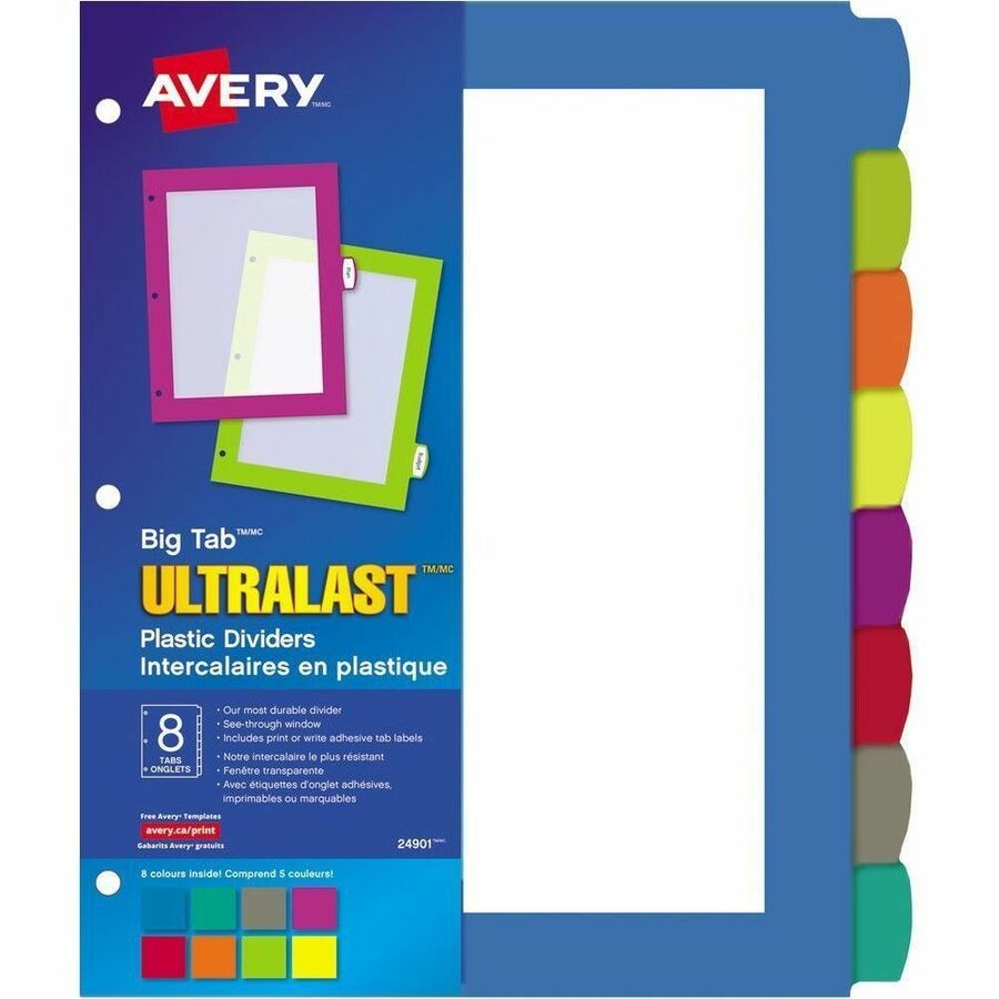 Avery Big Tab UltraLast Plastic Dividers - 8 x Divider(s) - 8 Write-on Tab(s) - 8 - 8 Tab(s)/Set - 8.5" Divider Width x 11" Divider Length - 3 Hole Punched - Multicolor Plastic Divider - Multicolor Plastic Tab(s) - Durable, Long Lasting, Customizable...