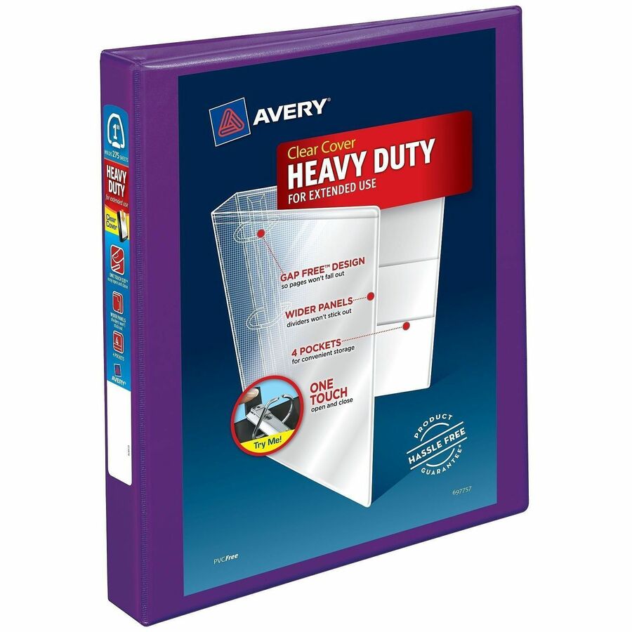Avery®, Heavy-Duty View Binders - Locking One Touch EZD Rings - 1" Binder Capacity - Letter - 8 1/2" x 11" Sheet Size - 275 Sheet Capacity - 275 x 1" Ring - Fastener: Ring - Pocket: 4, Internal - Polypropylene - Purple - Adhesive, Cover, Divider, Du...