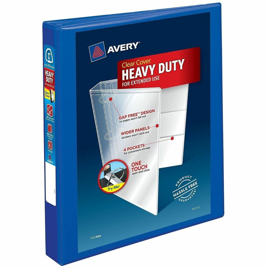 Avery®, Heavy-Duty View Binders - Locking One Touch EZD Rings - 1" Binder Capacity - Letter - 8 1/2" x 11" Sheet Size - 275 Sheet Capacity - 275 x 1" Ring - Fastener: Ring - Pocket: 4, Internal - Polypropylene - Pacific Blue - Adhesive, Clear Overla...