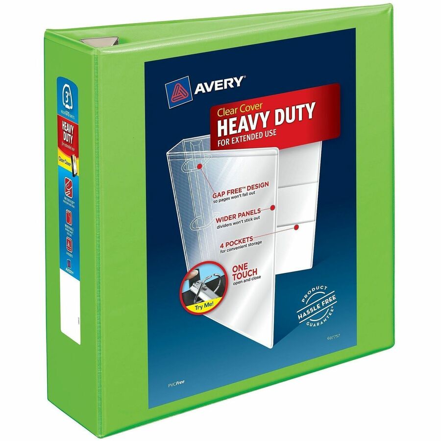 Avery Heavy-Duty View Binders with One Touch EZD Rings - 3" Binder Capacity - Letter - 8 1/2" x 11" Sheet Size - 670 Sheet Capacity - 3 1/2" Spine Width - 3 x 3" Ring - Fastener: Ring - Pocket: 4, Internal - Polypropylene - Chartreuse - Adhesive, Cover...