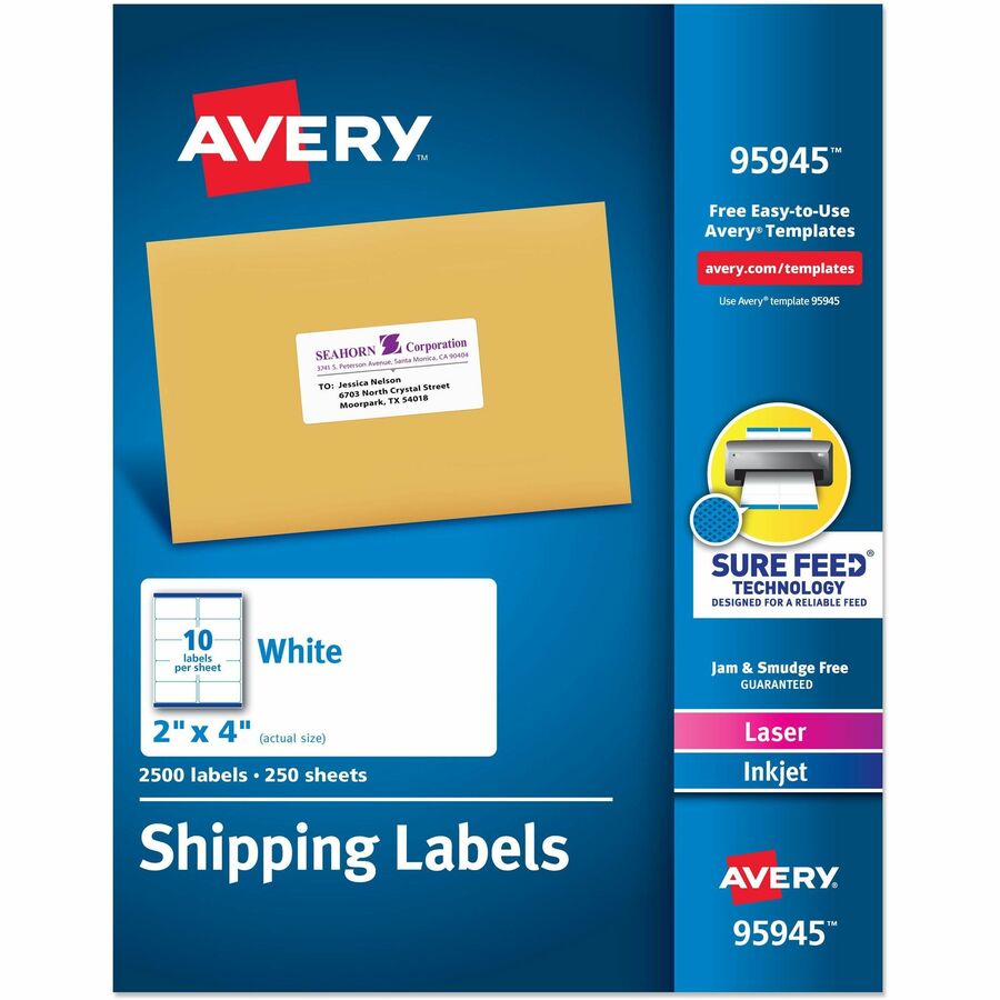 Avery®, Shipping Labels, Sure Feed, 2"x4" , 2500 Glossy Labels (95945) - 2" Width x 4" Length - Permanent Adhesive - Rectangle - Inkjet, Laser - Matte White - Matte - Paper - 10 / Sheet - 10 Total Sheets - 2500 Total Label(s) - 250 / Box