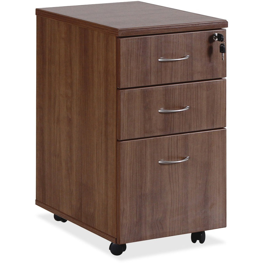 Lorell Essentials Series Box/Box/File Mobile File Cabinet - 1" Thickness Top, 3.8" Thickness Drawer Pull, 28.4" Height x 15.7" Width x 22" Depth Pedestal - Total Drawer(s): 3 - Single Pedestal - Walnut, Laminate Table Top - Built-in Hangrail, Durable...