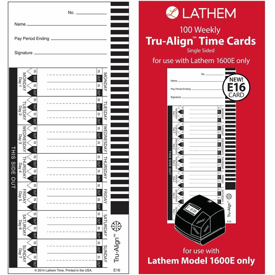Lathem E16 Tru-Align Time Cards - 150 lb - 4" x 9" Sheet Size - White Sheet(s) - 100 / Pack