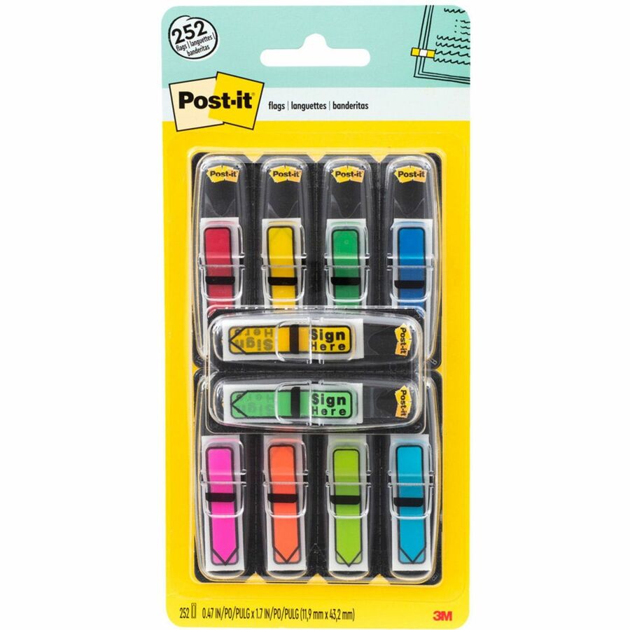 Post-it®, Arrow Flags - 1/2" Flag/Note Width - Arrow - Blank and SIGN HERE - Green, Yellow, Blue, Red, Pink - Removable, Self-adhesive, Repositionable - Dispenser Included - 252 / Pack