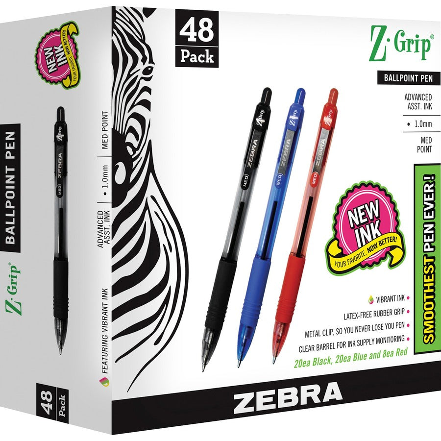 Zebra Pen Z-Grip Retractable Ballpoint Pens - Retractable - Assorted Ink - Clear Plastic Barrel - 48 / Pack