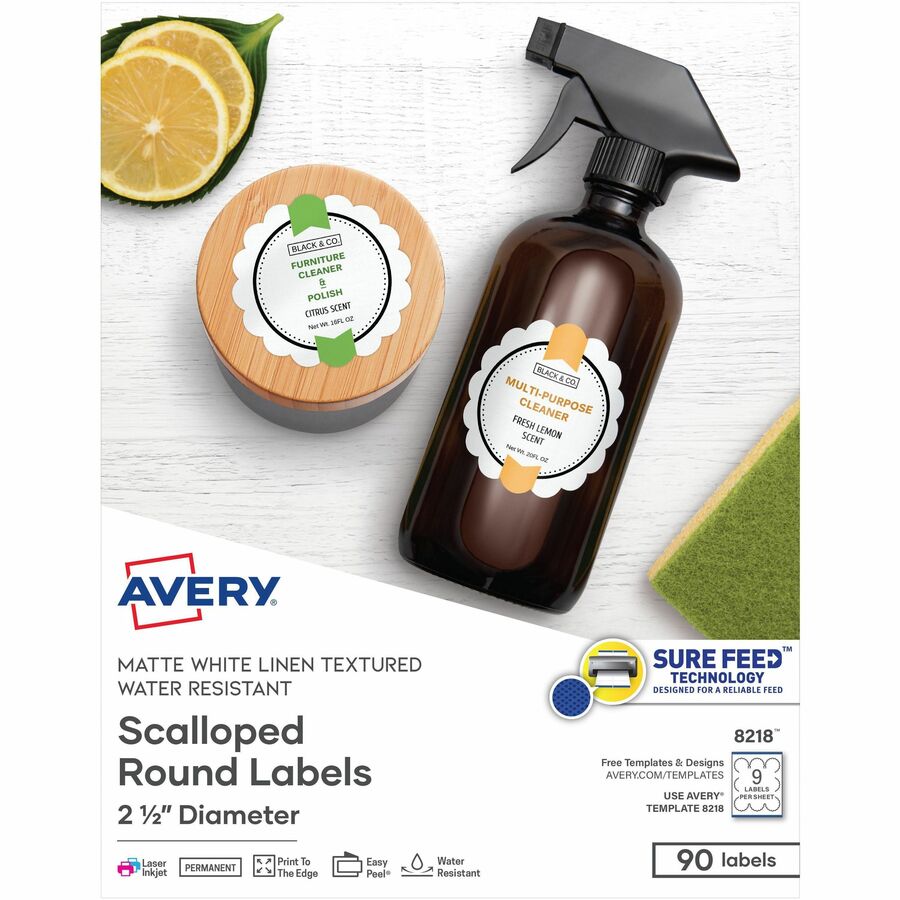 Avery®, Multipurpose Label - 2 1/2" Diameter - Permanent Adhesive - Round Scallop - Laser, Inkjet - Matte White - Paper - 9 / Sheet - 10 Total Sheets - 90 Total Label(s) - 1 Pack