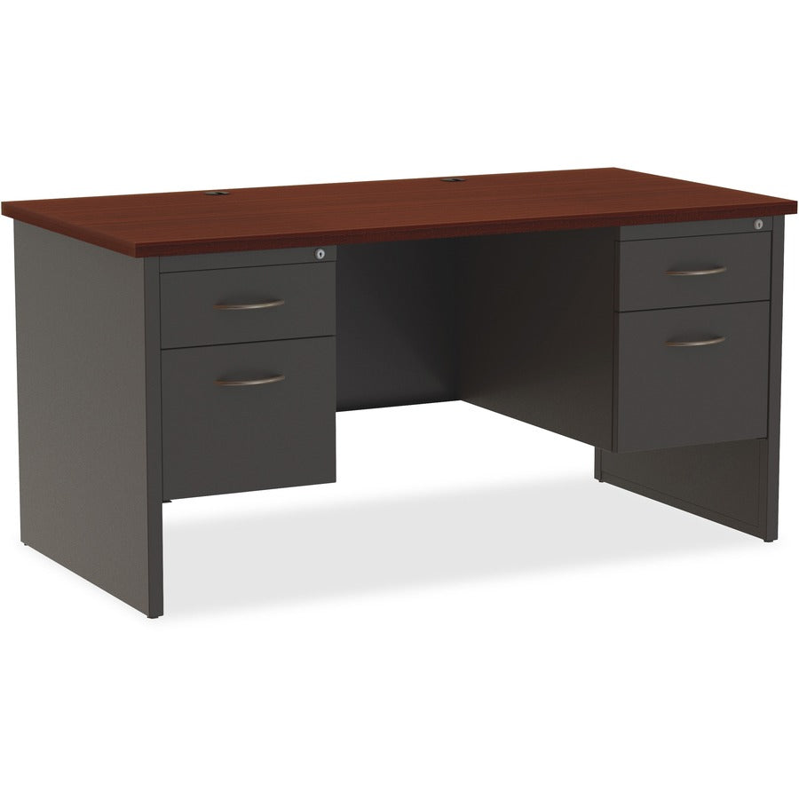 Lorell Fortress Modular Series Double-Pedestal Desk - 60" Width x 30" Depth, x 1.1" Thickness Top - Total Drawer(s): 2 - Double Pedestal - Material: Steel - Finish: Mahogany Laminate, Charcoal - Scratch Resistant, Stain Resistant, Ball-bearing Suspensi...