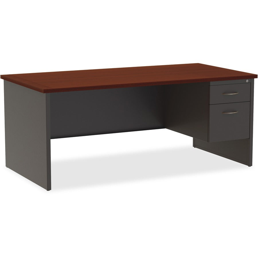Lorell Fortress Modular Series Right-Pedestal Desk - 72" Width x 36" Depth, x 1.1" Thickness Top - Total Drawer(s): 2 - Single Pedestal on Right Side - Material: Steel - Finish: Mahogany Laminate, Charcoal - Scratch Resistant, Stain Resistant, Ball-bea...