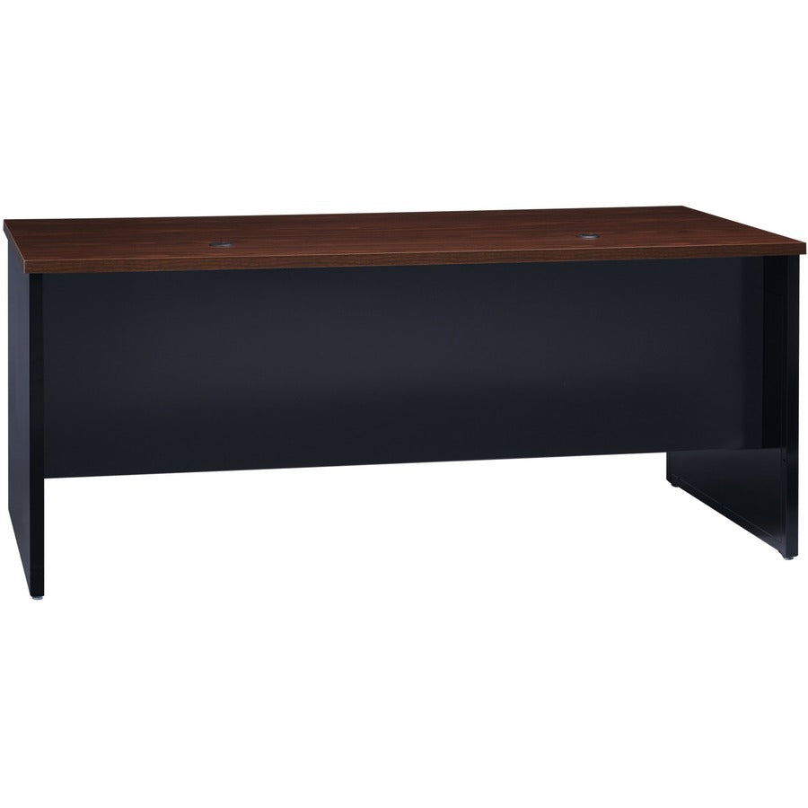 Lorell Fortress Modular Series Desk - 72" Width x 36" Depth, x 1.1" Thickness Top - Total Drawer(s): 2 - Single Pedestal on Left Side - Material: Steel - Finish: Walnut Laminate, Black - Scratch Resistant, Stain Resistant, Ball-bearing Suspension, Grom...