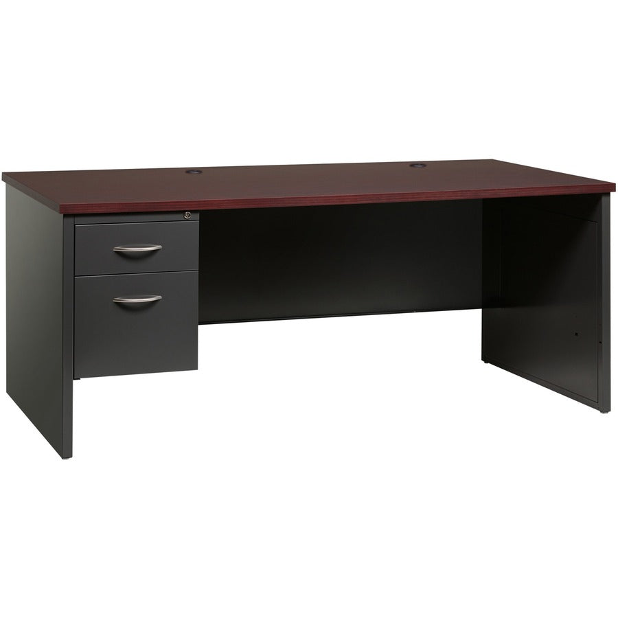 Lorell Fortress Modular Series Left-Pedestal Desk - 72" Width x 36" Depth, x 1.1" Thickness Top - Total Drawer(s): 2 - Single Pedestal on Left Side - Material: Steel - Finish: Mahogany Laminate, Charcoal - Scratch Resistant, Stain Resistant, Ball-beari...
