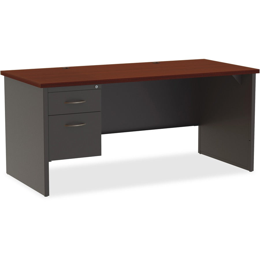 Lorell Fortress Modular Series Left-Pedestal Desk - 66" Width x 30" Depth, x 1.1" Thickness Top - Total Drawer(s): 2 - Single Pedestal on Left Side - Material: Steel - Finish: Mahogany Laminate, Charcoal - Scratch Resistant, Stain Resistant, Ball-beari...