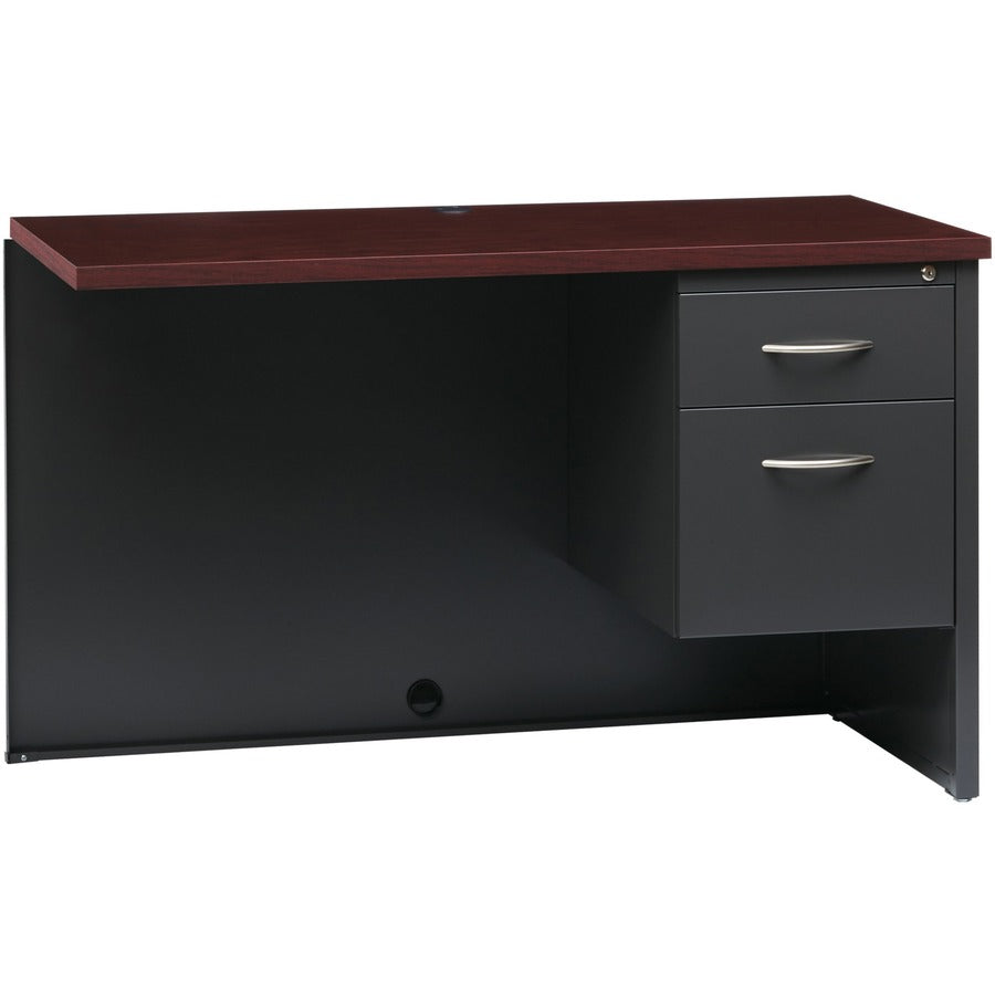 Lorell Fortress Modular Series Right Return - 48" Width x 24" Depth, x 1.1" Thickness Top - Total Drawer(s): 2 - Single Pedestal on Right Side - Material: Steel - Finish: Mahogany Laminate, Charcoal - Scratch Resistant, Stain Resistant, Ball-bearing Su...