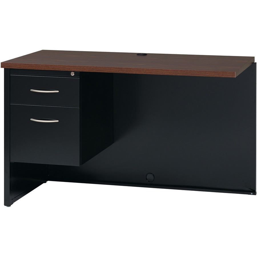 Lorell Fortress Modular Series Left Return - 48" Width x 24" Depth, x 1.1" Thickness Top - Total Drawer(s): 2 - Single Pedestal on Left Side - Material: Steel - Finish: Walnut Laminate, Black - Scratch Resistant, Stain Resistant, Ball-bearing Suspensio...