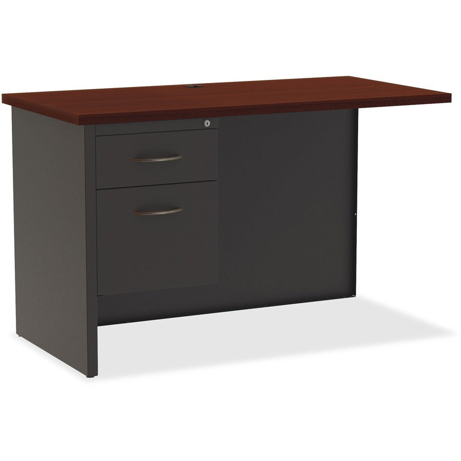 Lorell Fortress Modular Series Left Return - 48" Width x 24" Depth, x 1.1" Thickness Top - Total Drawer(s): 2 - Single Pedestal on Left Side - Material: Steel - Finish: Mahogany Laminate, Charcoal - Scratch Resistant, Stain Resistant, Ball-bearing Susp...