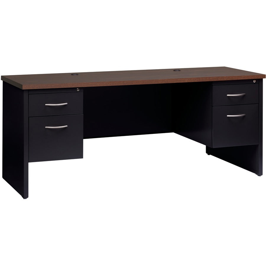 Lorell Walnut Laminate Commercial Steel Double-pedestal Credenza - 2-Drawer - 72" Width x 24" Depth, x 1.1" Thickness Top - Total Drawer(s): 2 - Double Pedestal - Material: Steel - Finish: Walnut Laminate, Black - Scratch Resistant, Stain Resistant, Ba...