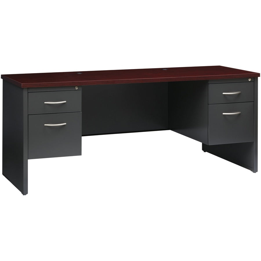 Lorell Fortress Modular Series Double-pedestal Credenza - 72" Width x 24" Depth, x 1.1" Thickness Top - Total Drawer(s): 2 - Double Pedestal - Material: Steel - Finish: Mahogany Laminate, Charcoal - Scratch Resistant, Stain Resistant, Ball-bearing Susp...