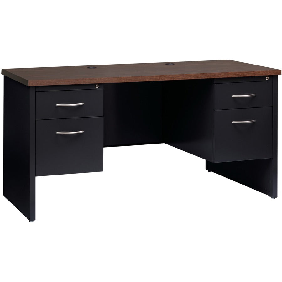 Lorell Fortress Modular Series Double-pedestal Credenza - 60" Width x 24" Depth, x 1.1" Thickness Top - Total Drawer(s): 2 - Double Pedestal - Material: Steel - Finish: Walnut Laminate, Black - Scratch Resistant, Stain Resistant, Ball-bearing Suspensio...